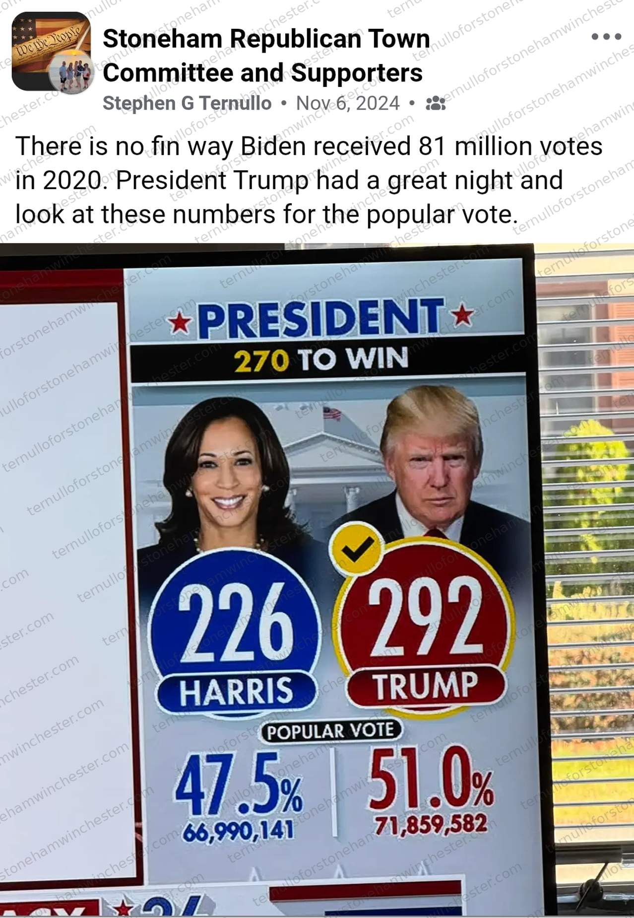 Facebook post in the "Stoneham Republican Town Committee and Supporters" group by Stephen G Ternullo (Nov 6, 2024), questioning the legitimacy of Joe Biden's 2020 popular-vote total and pointing to results on screen from a different election. Full transcript in the text version below.