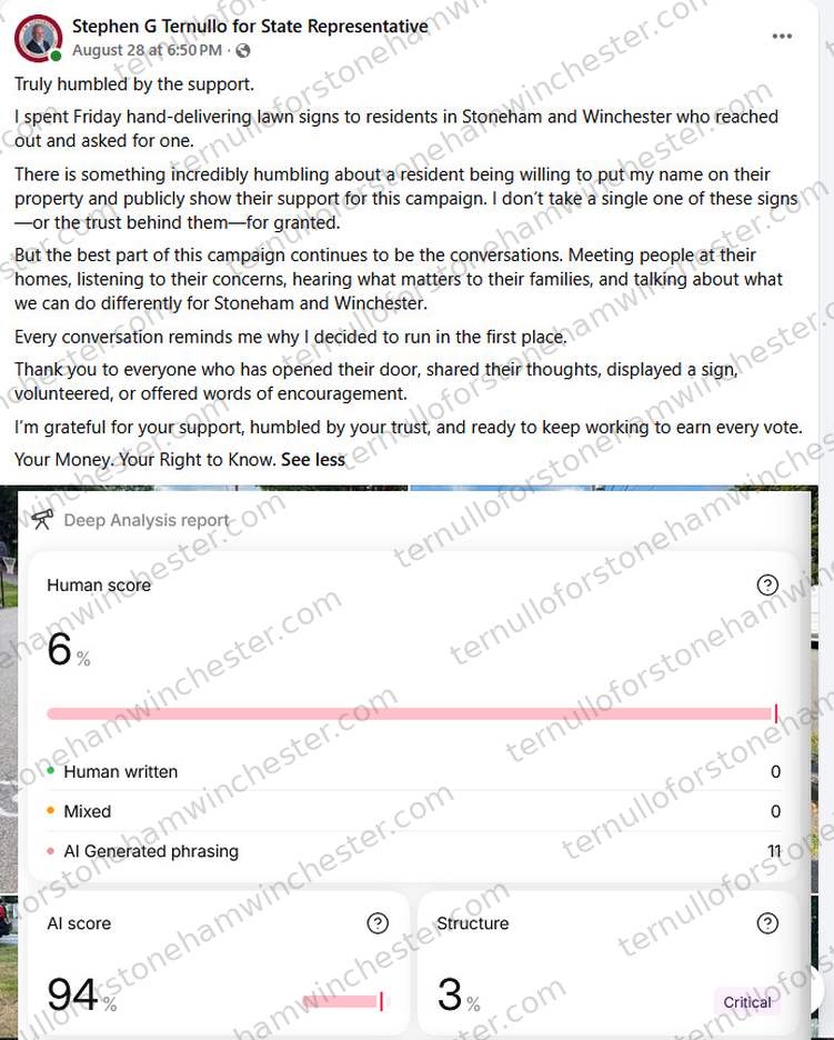 Facebook post from the "Stephen G Ternullo for State Representative" campaign page (August 28 at 6:50PM), with an AI-detection browser extension's "Deep Analysis report" overlaid on top of it. Full transcript in the text version below.