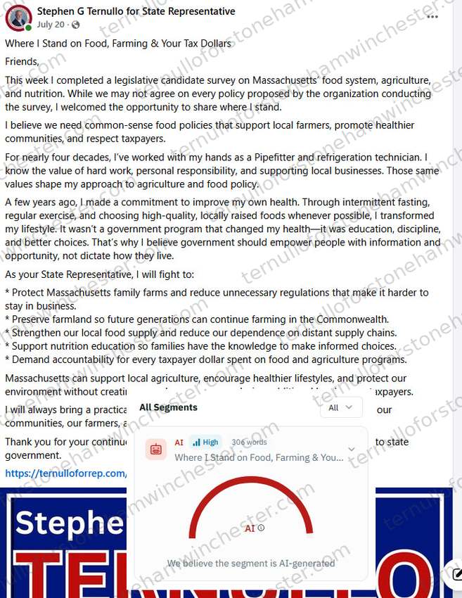 Facebook post from the "Stephen G Ternullo for State Representative" campaign page (July 20), titled "Where I Stand on Food, Farming & Your Tax Dollars," with an AI-detection browser extension overlaid on part of the text (the same red-robot-icon tool branded "Pangram 4.0" in later screenshots of this series). Full transcript in the text version below.