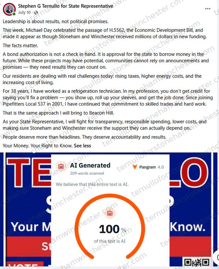 Facebook post from the "Stephen G Ternullo for State Representative" campaign page (July 10), with the "Pangram 4.0" AI-detection browser extension overlaid on top of it. Full transcript in the text version below.