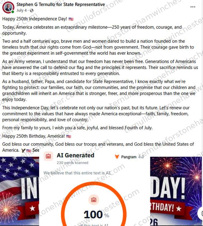 Facebook post from the "Stephen G Ternullo for State Representative" campaign page (July 4), with the "Pangram 4.0" AI-detection browser extension overlaid on top of it. Full transcript in the text version below.