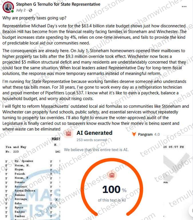 Facebook post from the "Stephen G Ternullo for State Representative" campaign page (July 2), with the "Pangram 4.0" AI-detection browser extension overlaid on top of it. Full transcript in the text version below.