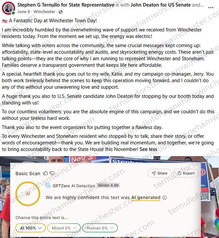 Facebook post from Stephen G Ternullo's campaign page, tagged as being "with John Deaton for US Senate and..." (June 6, Winchester), with the "GPTZero" AI-detection browser extension's "Basic Scan" overlaid below it. Full transcript in the text version below.