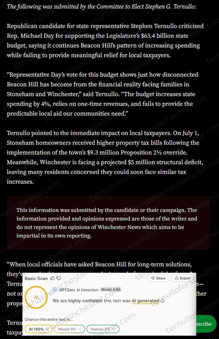 Screenshot of a Winchester News article opening with the italicized line "The following was submitted by the Committee to Elect Stephen G. Ternullo:", with the "GPTZero" AI-detection browser extension's "Basic Scan" overlaid on the lower portion. Full transcript in the text version below.