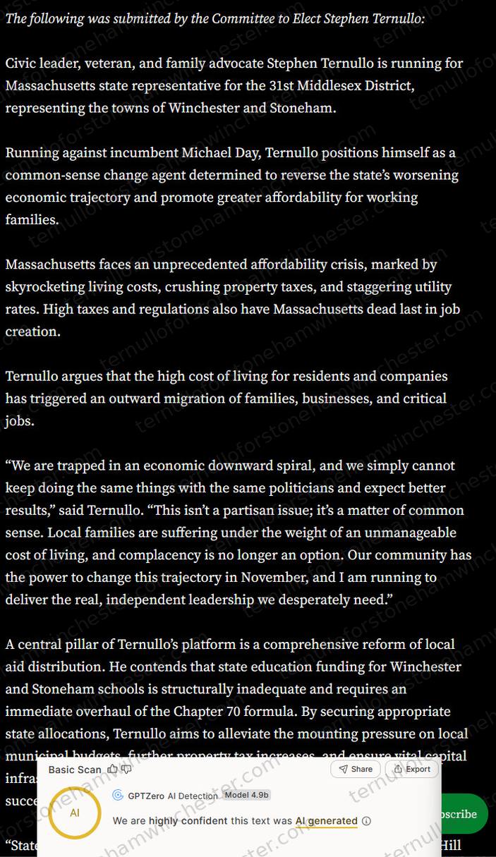 Screenshot of a Winchester News article opening with the italicized line "The following was submitted by the Committee to Elect Stephen Ternullo:", with the "GPTZero" AI-detection browser extension's "Basic Scan" overlaid on the lower portion. Full transcript in the text version below.