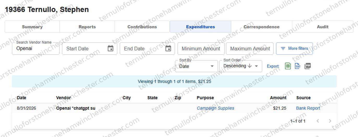 Screenshot of the Massachusetts Office of Campaign and Political Finance (OCPF) public filing portal for committee "19366 Ternullo, Stephen," on the "Expenditures" tab, filtered by vendor name "Openai." Full transcript in the text version below.