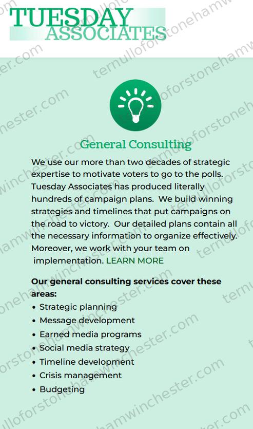 Screenshot of the "Tuesday Associates" political consulting firm's website, its "General Consulting" service page. Full transcript in the text version below.