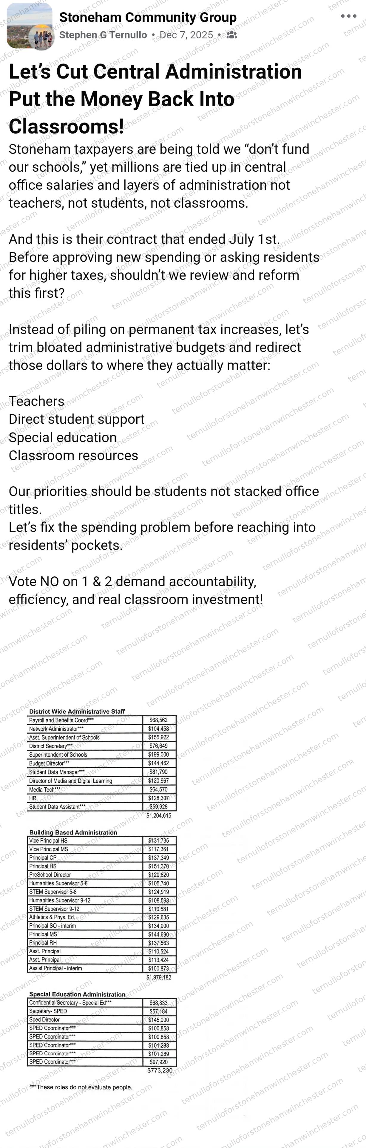 Facebook post in the Stoneham Community Group by Stephen G Ternullo (Dec 7, 2025), titled "Let's Cut Central Administration β Put the Money Back Into Classrooms!" arguing that school district administrative salaries should be cut before raising taxes, and urging a "No" vote on ballot questions 1 & 2. Full transcript in the text version below.