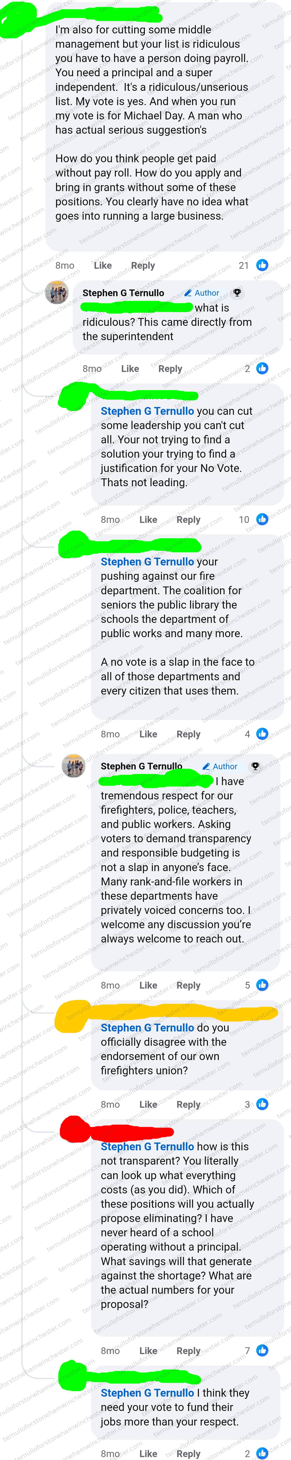 Facebook comment thread (about 8 months before the screenshot) responding to Stephen G Ternullo's post about cutting school administrative positions, in which one redacted commenter (User A) repeatedly argues with him and two other redacted commenters (User B, User C) each push back once. Full transcript in the text version below.