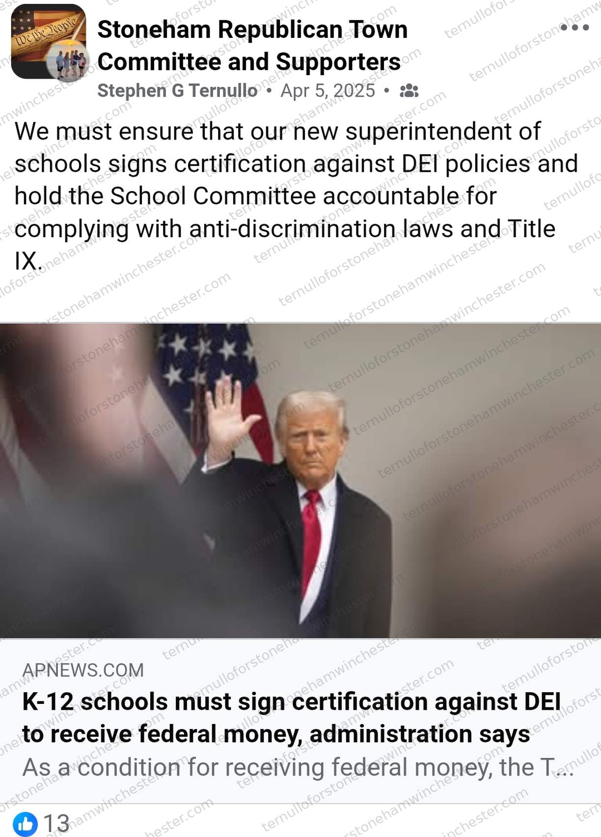 Facebook post in the "Stoneham Republican Town Committee and Supporters" group by Stephen G Ternullo (Apr 5, 2025). Full transcript in the text version below.