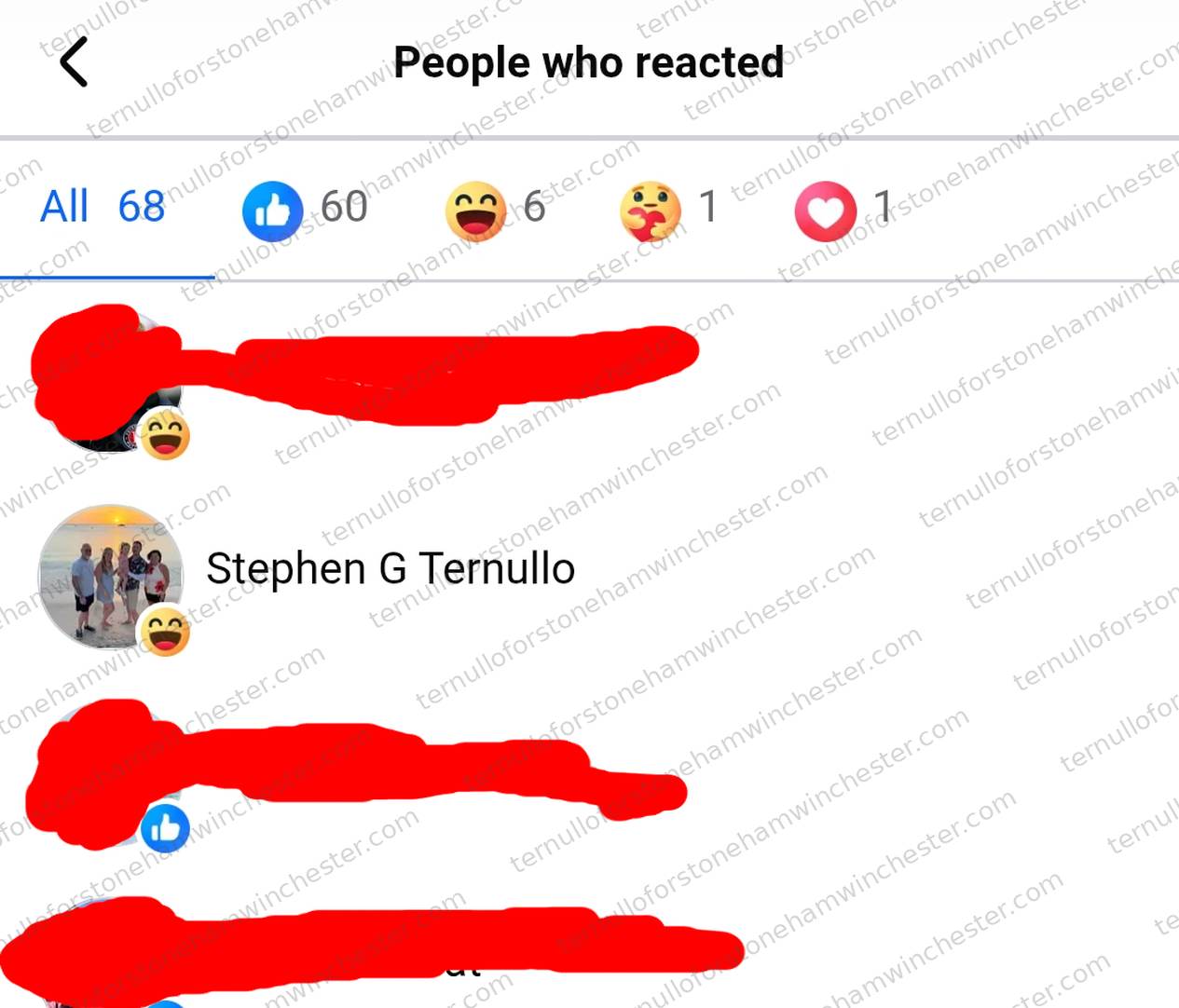Facebook "People who reacted" screen for a post (68 total reactions: mostly Likes, several "haha" laughing reactions, one "care" and one "love"), documenting that Stephen G Ternullo reacted with the laughing "haha" emoji. Full transcript in the text version below.