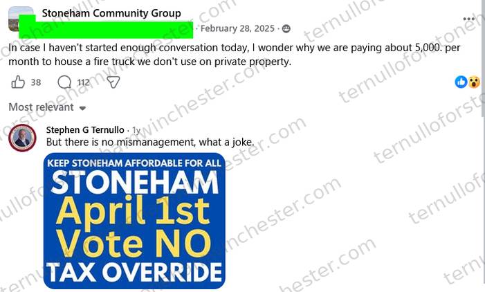 Facebook post in the Stoneham Community Group (Feb 28, 2025) by a redacted user (User A), questioning town spending on a fire truck. Full transcript in the text version below.