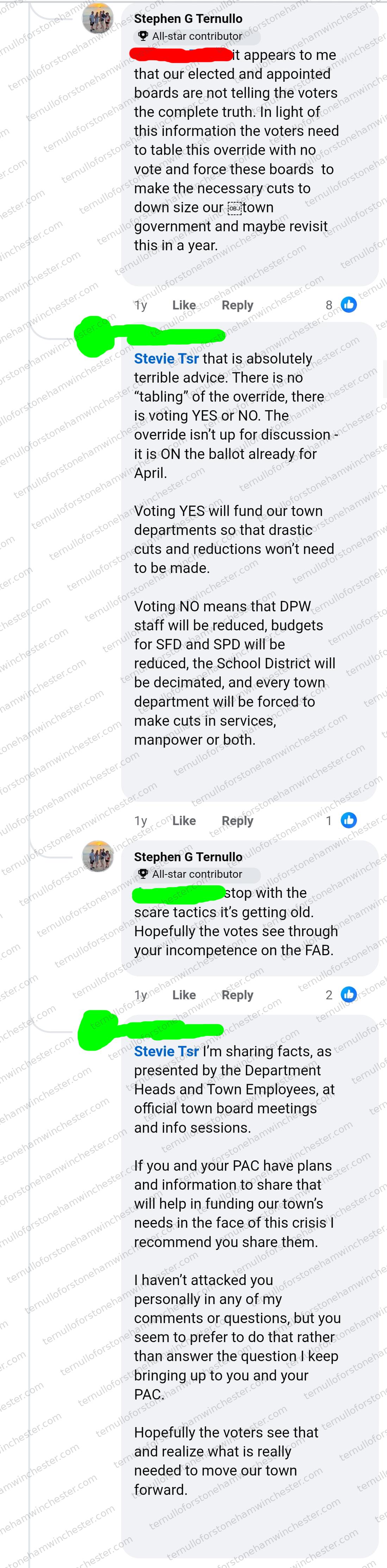 Facebook comment thread (about 1 year before the screenshot) in which Stephen G Ternullo (marked "All-star contributor") argues with a redacted commenter (User A) about a town budget override vote. Full transcript in the text version below.