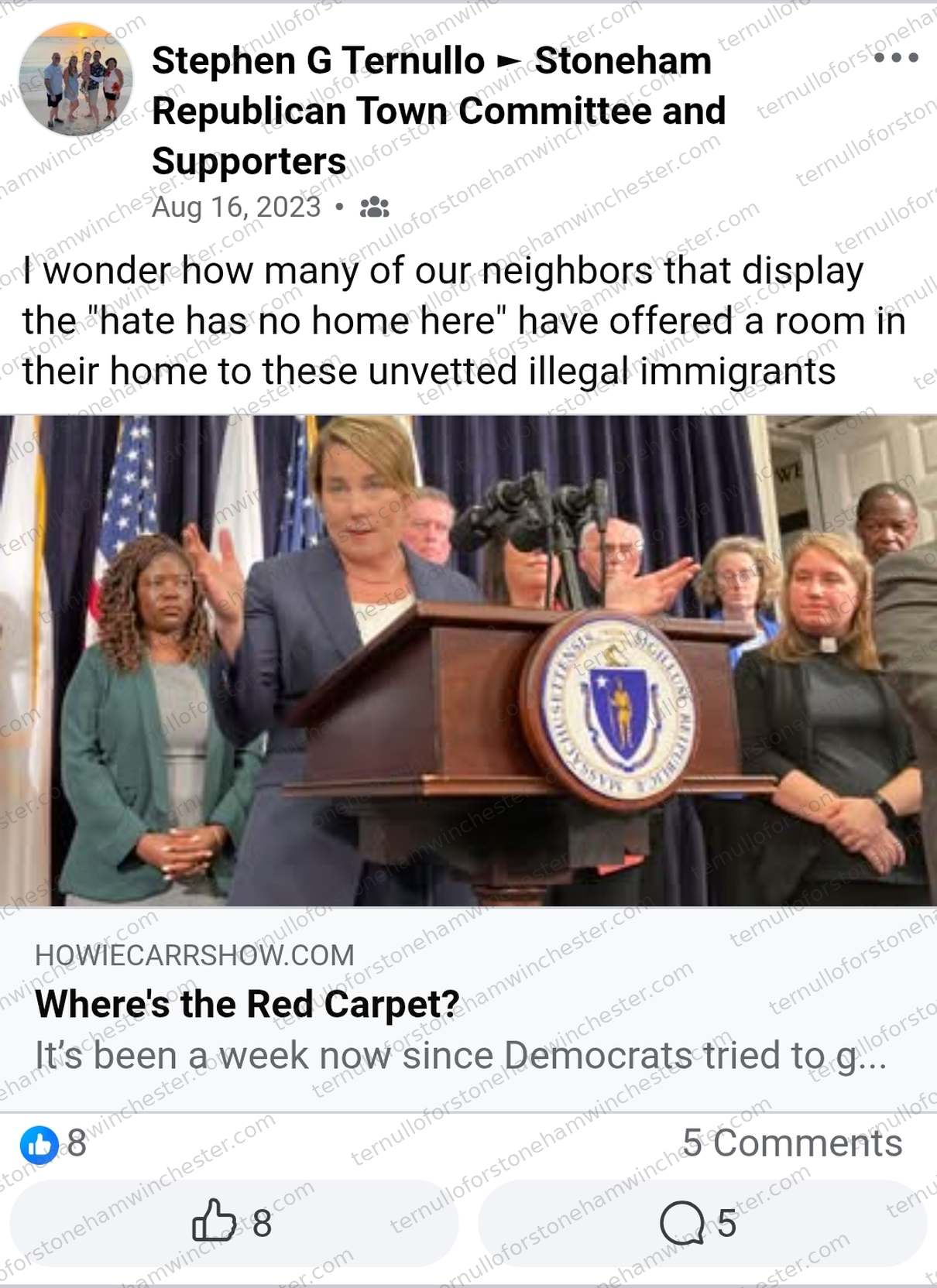 Facebook post in the "Stoneham Republican Town Committee and Supporters" group by Stephen G Ternullo (Aug 16, 2023). Full transcript in the text version below.