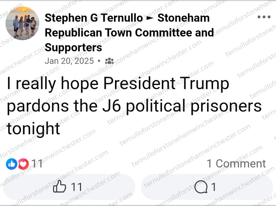 Facebook post in the "Stoneham Republican Town Committee and Supporters" group by Stephen G Ternullo (Jan 20, 2025), text-only. Full transcript in the text version below.