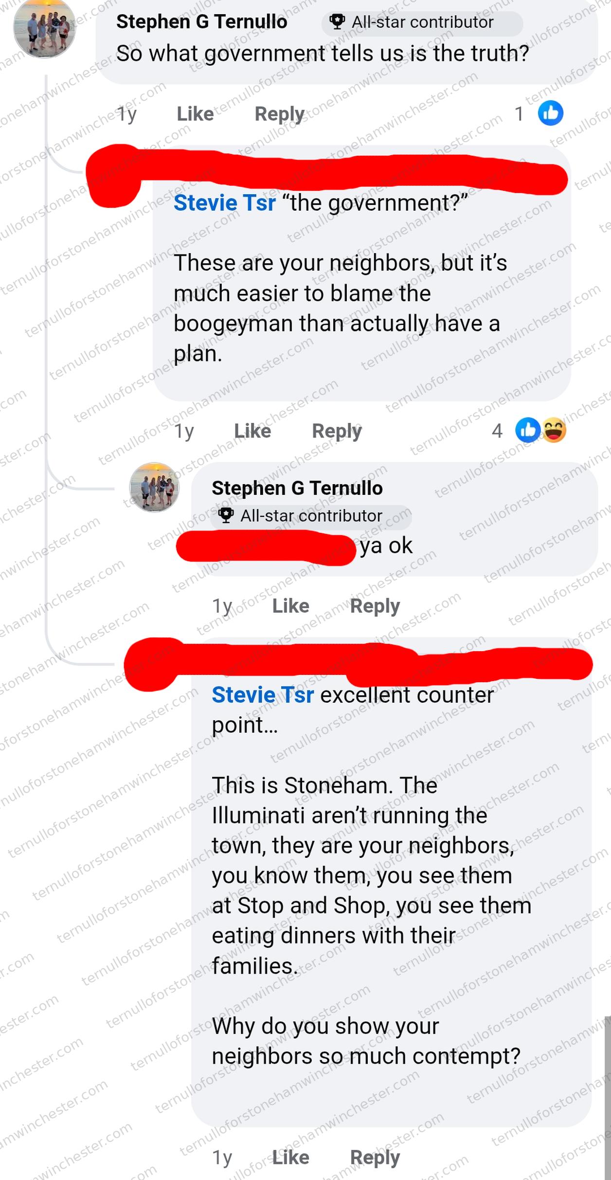 Facebook comment thread (about 1 year before the screenshot) between Stephen G Ternullo (marked "All-star contributor") and a redacted commenter (User A), debating trust in local government. Full transcript in the text version below.