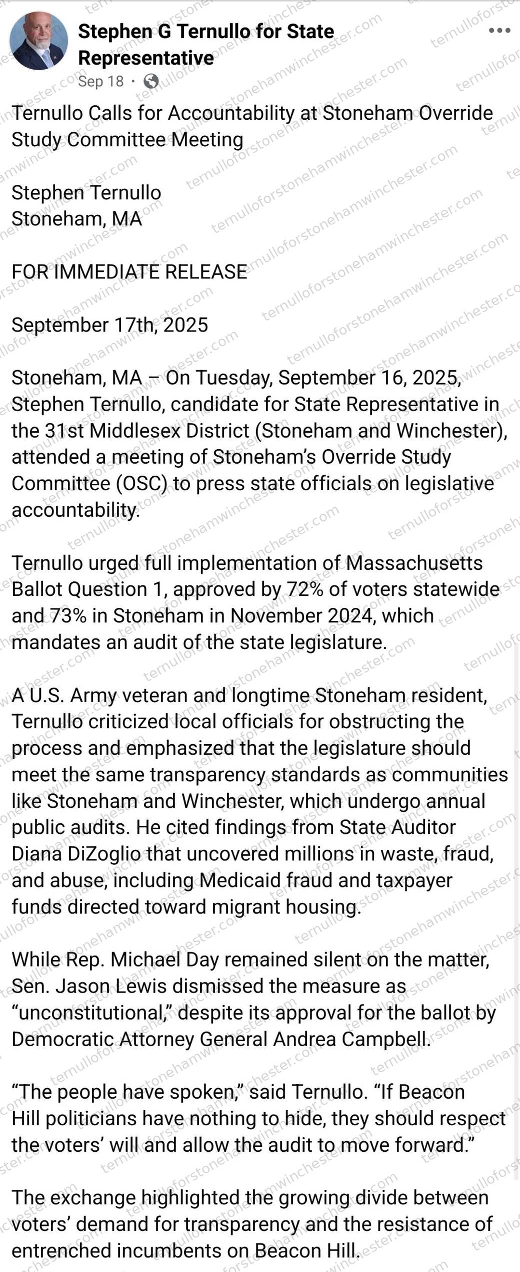 Facebook post from the "Stephen G Ternullo for State Representative" campaign page (Sep 18), sharing a press release. Full transcript in the text version below.