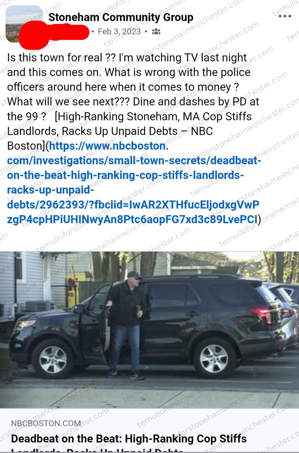 Facebook post in the Stoneham Community Group (Feb 3, 2023) by a redacted user (User A), sharing a news story about a Stoneham police officer. Full transcript in the text version below.