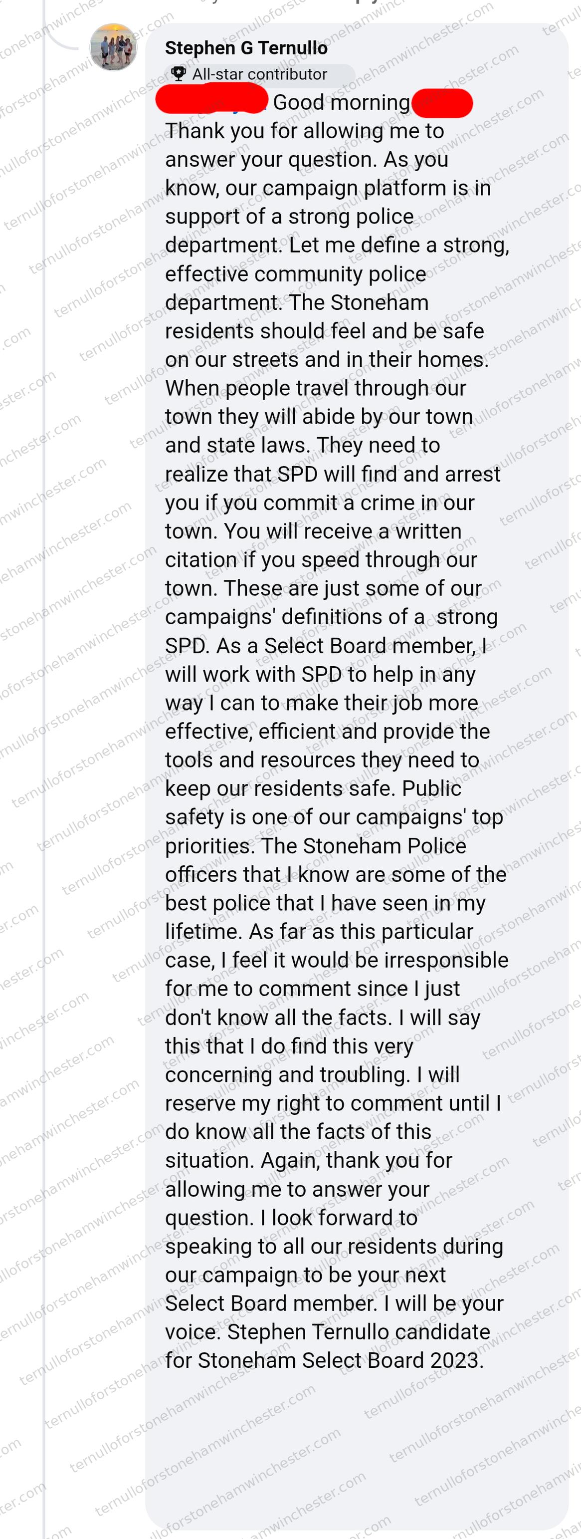 Single long Facebook comment by Stephen G Ternullo (marked "All-star contributor"), then a 2023 Select Board candidate, responding to a question about a police-related controversy. Full transcript in the text version below.