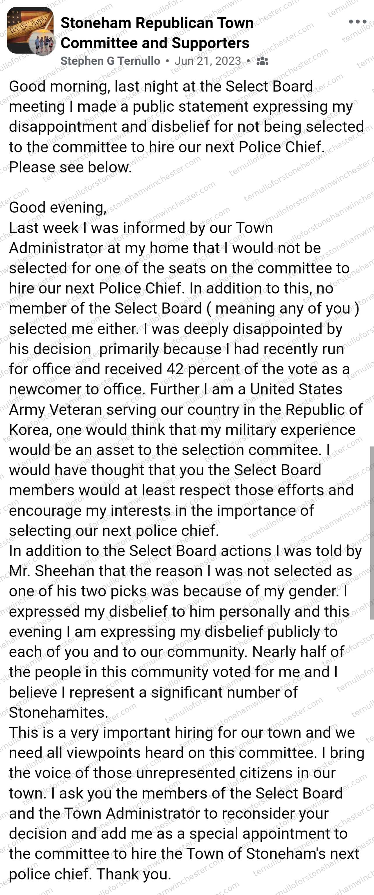 Facebook post in the "Stoneham Republican Town Committee and Supporters" group by Stephen G Ternullo (Jun 21, 2023), sharing his public statement to the Select Board about being excluded from the police chief hiring committee. Full transcript in the text version below.