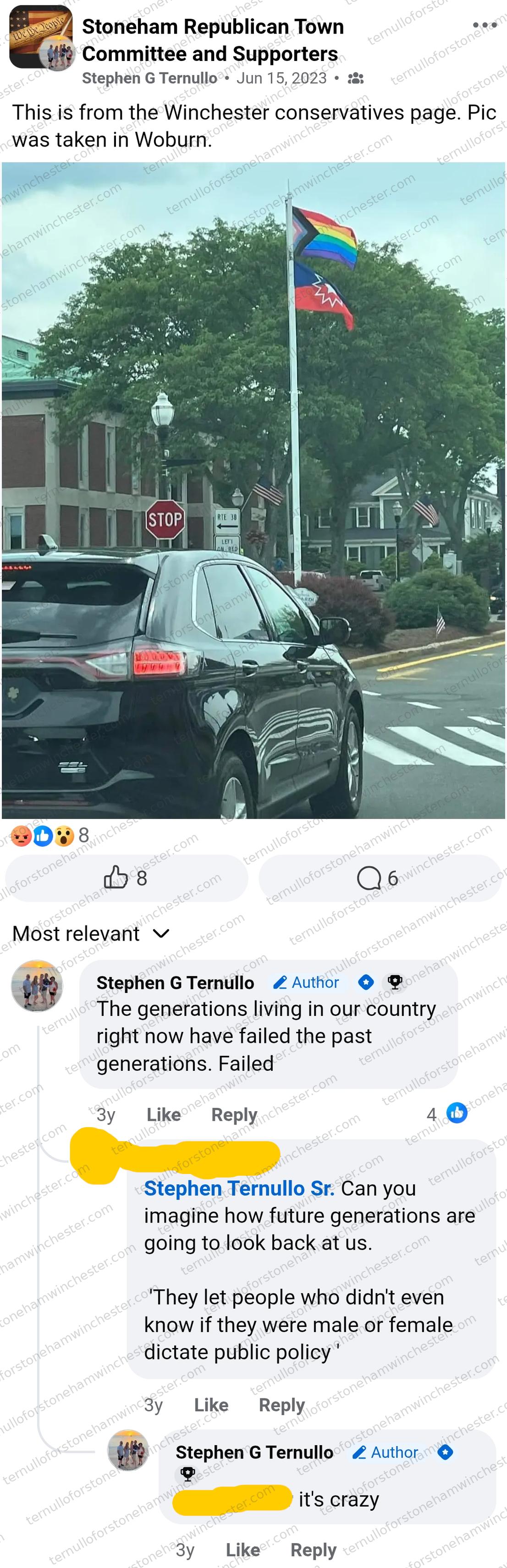 Facebook post in the "Stoneham Republican Town Committee and Supporters" group by Stephen G Ternullo (Jun 15, 2023). Full transcript in the text version below.