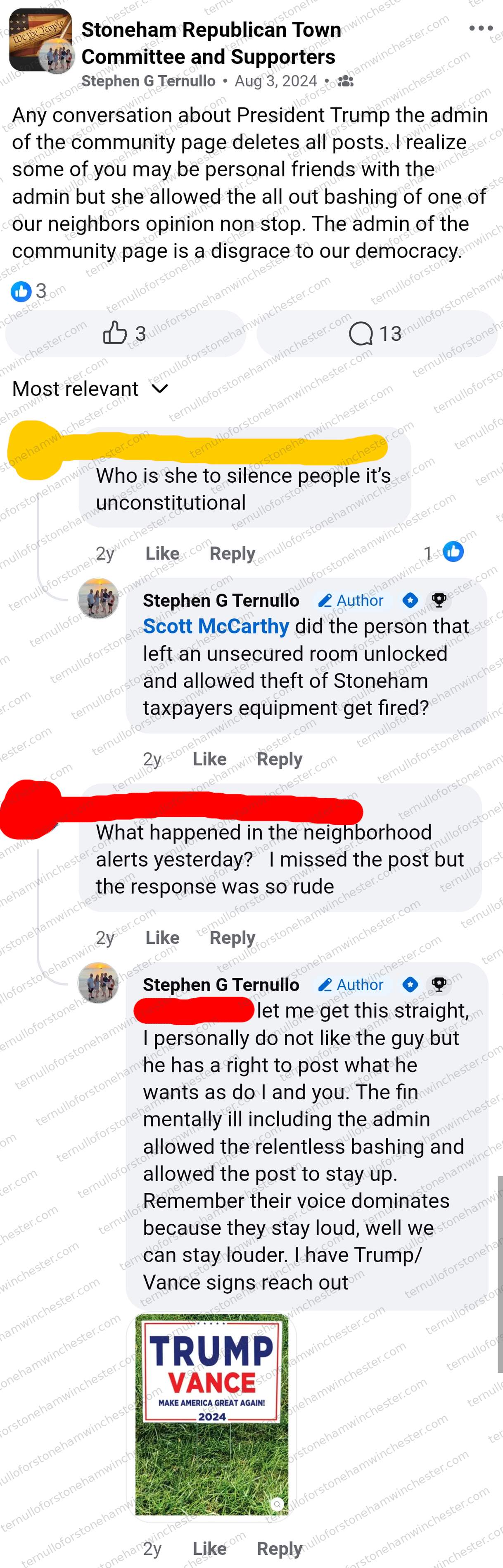 Facebook post in the "Stoneham Republican Town Committee and Supporters" group by Stephen G Ternullo (Aug 3, 2024), criticizing a community Facebook page's admin for moderation choices. Full transcript in the text version below.