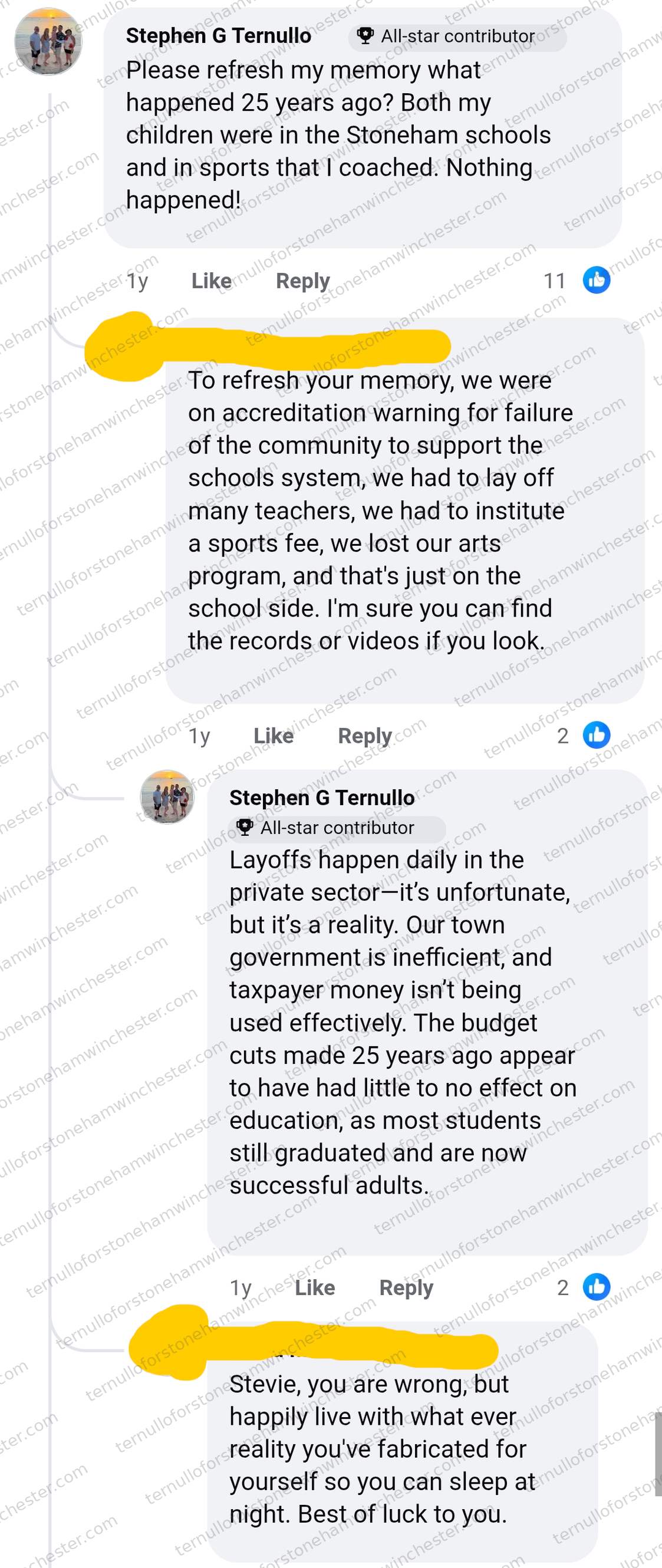 Facebook comment thread (about 1 year before the screenshot) in which Stephen G Ternullo (marked "All-star contributor") argues with a redacted commenter (User A) about school budget cuts made 25 years earlier. Full transcript in the text version below.