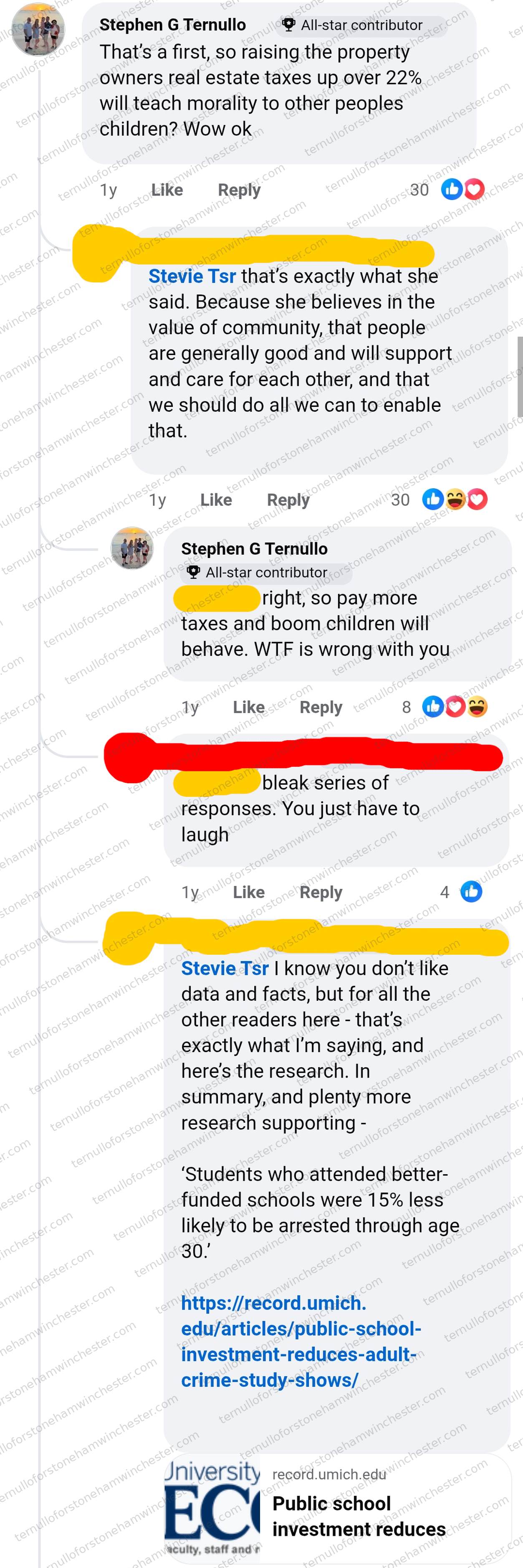 Facebook comment thread (about 1 year before the screenshot) in which Stephen G Ternullo (marked "All-star contributor") argues with a redacted commenter (User A) about school funding and taxes, with a second redacted commenter (User B) chiming in. Full transcript in the text version below.