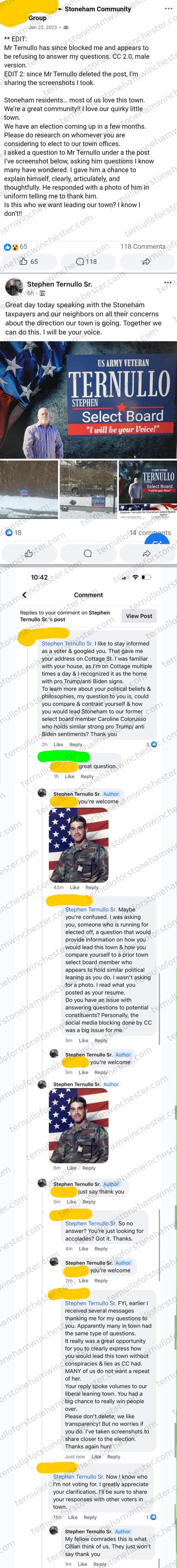 Facebook thread: a post in the Stoneham Community Group (Jan 22, 2023) by a redacted user (User A) alleging that Stephen Ternullo Sr., a Stoneham Select Board candidate, blocked her and refused to answer her questions, followed by her screenshots of the exchange β a thread where he mostly replies "you're welcome" and a photo instead of answering her question. Full transcript in the text version below.