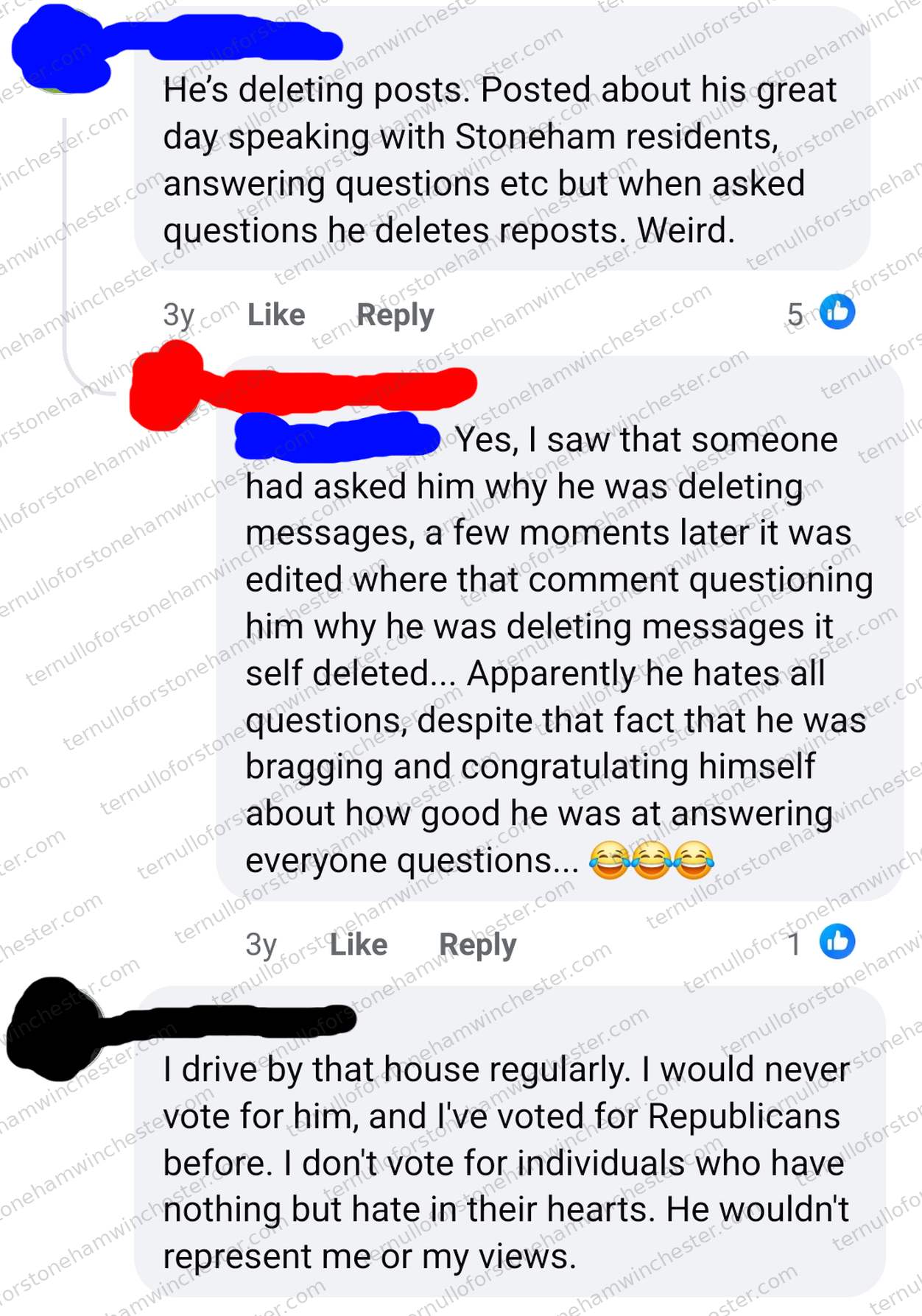 Facebook comment thread (from about three years before the screenshot) in which three redacted commenters discuss Stephen Ternullo deleting his own posts and comments, and say they won't vote for him. Full transcript in the text version below.