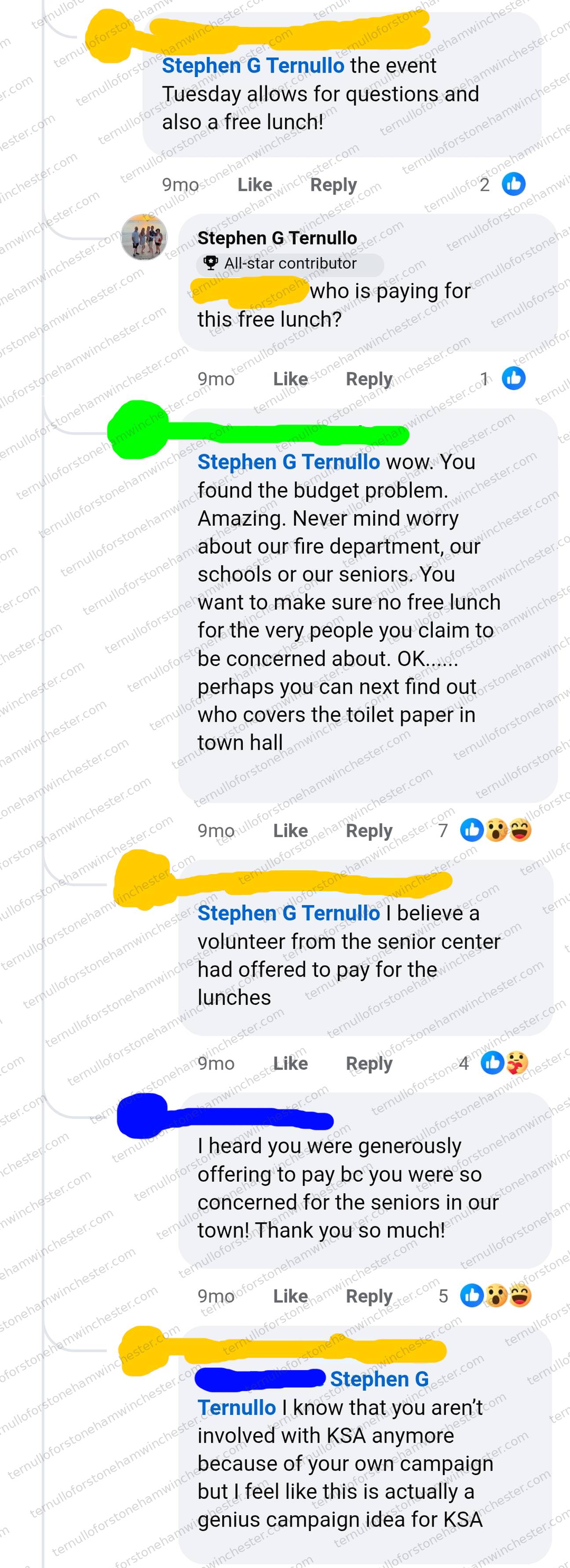 Facebook comment thread in which Stephen G Ternullo questions who is paying for a free lunch at a Stoneham senior-centre event and three other commenters push back on him; the names and avatars of everyone but Ternullo are covered by coloured marker strokes. Full transcript in the text version below.