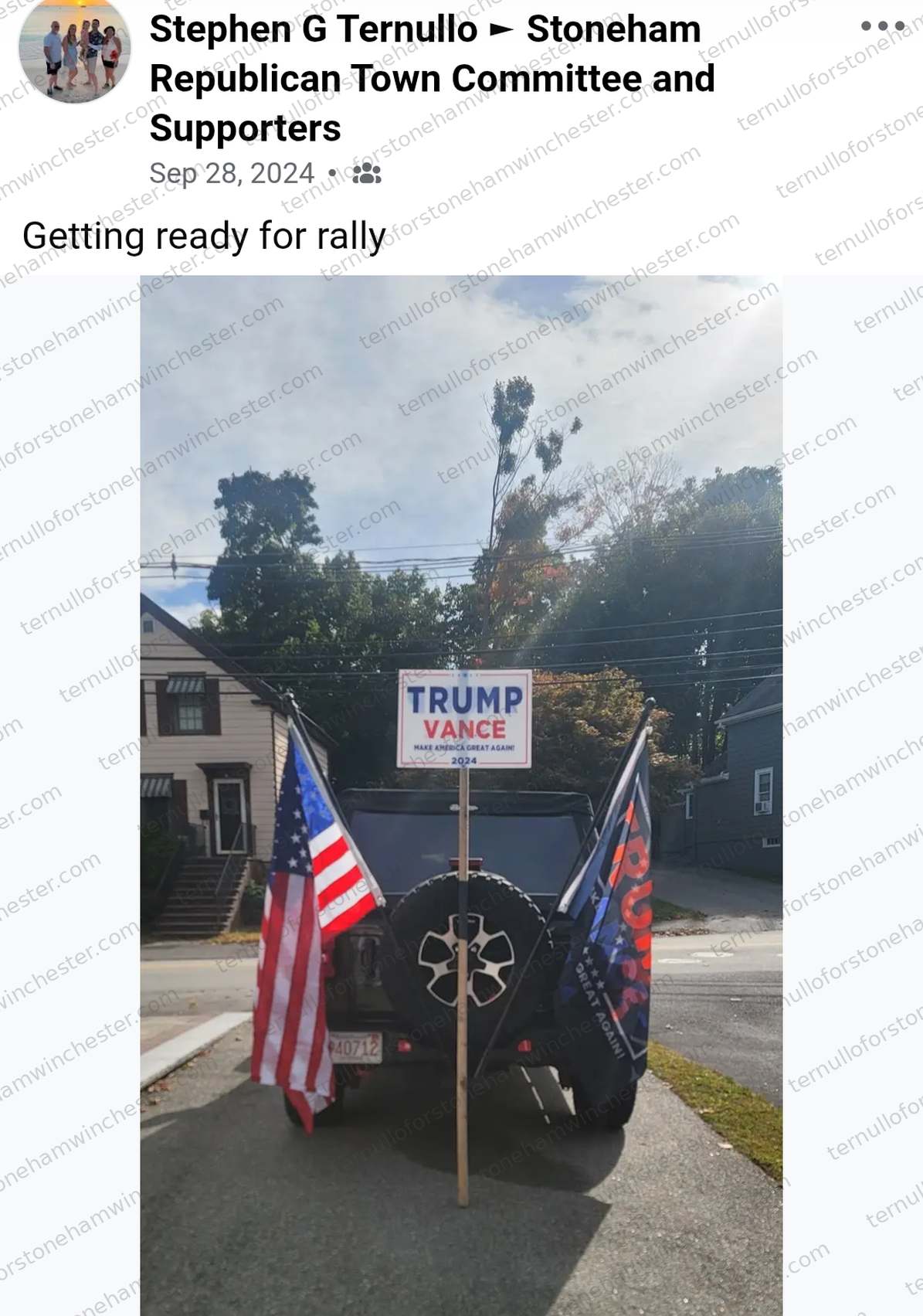 Facebook post in the "Stoneham Republican Town Committee and Supporters" group by Stephen G Ternullo (Sep 28, 2024). Full transcript in the text version below.
