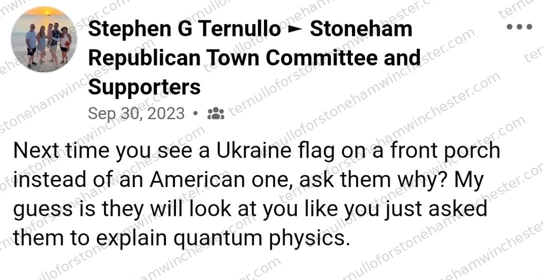Facebook post in the "Stoneham Republican Town Committee and Supporters" group by Stephen G Ternullo (Sep 30, 2023), text-only. Full transcript in the text version below.